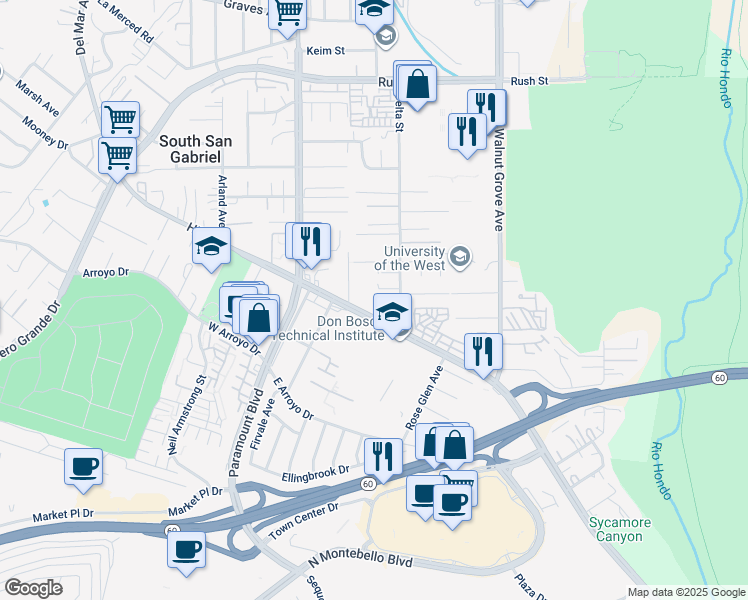 map of restaurants, bars, coffee shops, grocery stores, and more near 1234 San Gabriel Boulevard in Rosemead