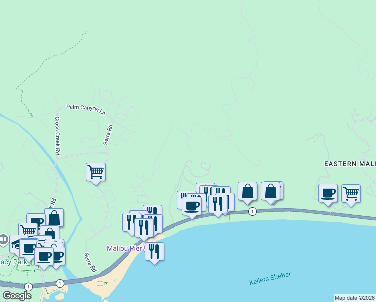 map of restaurants, bars, coffee shops, grocery stores, and more near 3140 Sweetwater Mesa Road in Malibu
