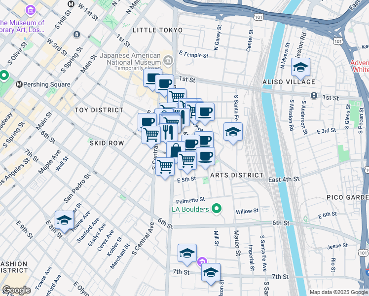 map of restaurants, bars, coffee shops, grocery stores, and more near 825 East 4th Street in Los Angeles