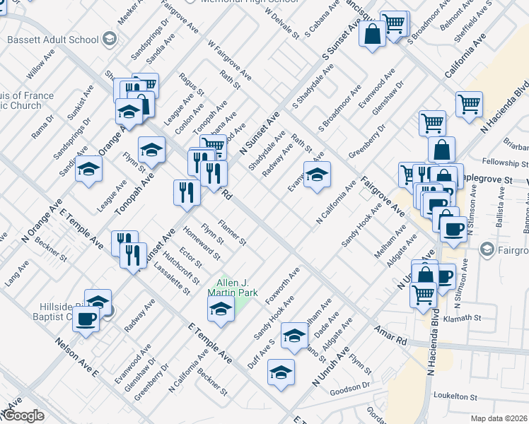 map of restaurants, bars, coffee shops, grocery stores, and more near 915 Evanwood Avenue in La Puente