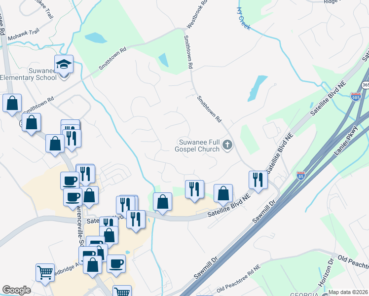 map of restaurants, bars, coffee shops, grocery stores, and more near 130 Morning Glen Drive in Suwanee