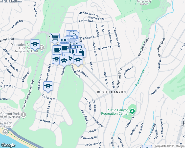 map of restaurants, bars, coffee shops, grocery stores, and more near 830 Fiske Street in Los Angeles