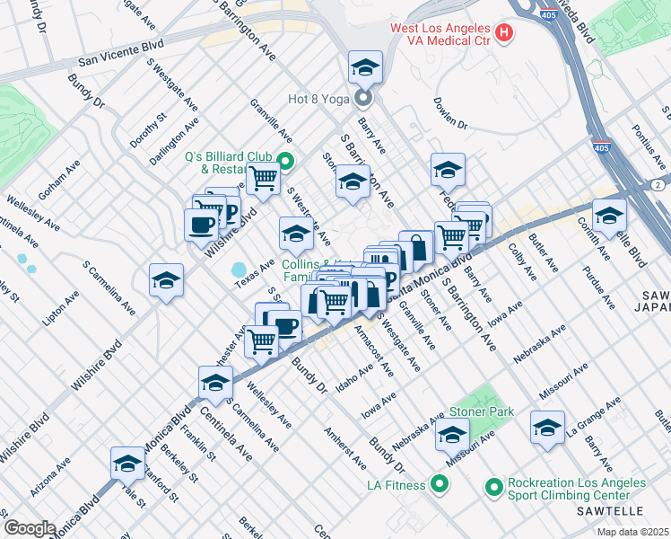 map of restaurants, bars, coffee shops, grocery stores, and more near 1411 South Westgate Avenue in Los Angeles