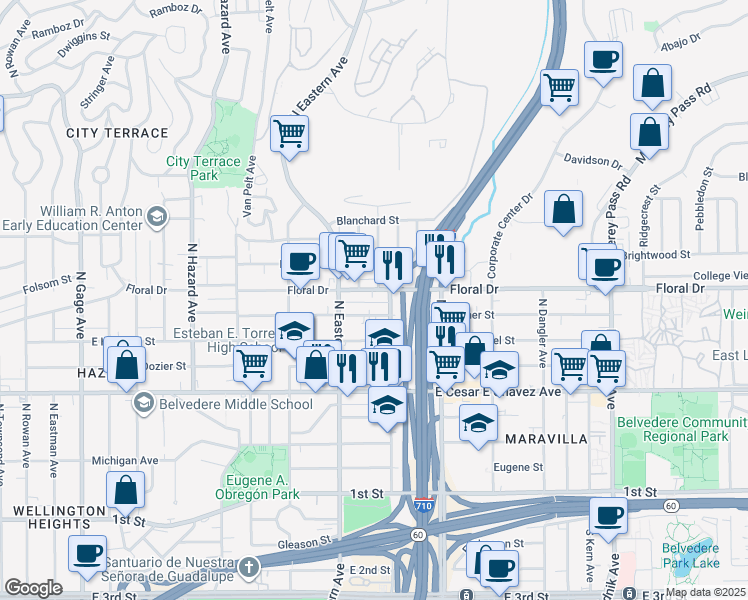 map of restaurants, bars, coffee shops, grocery stores, and more near 622 North Humphreys Avenue in East Los Angeles