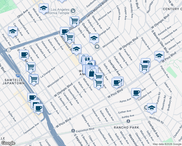 map of restaurants, bars, coffee shops, grocery stores, and more near in Los Angeles