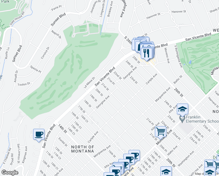 map of restaurants, bars, coffee shops, grocery stores, and more near 245 21st Street in Santa Monica