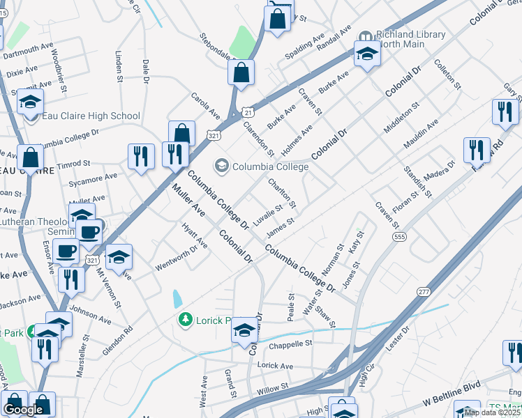 map of restaurants, bars, coffee shops, grocery stores, and more near 1512 Cleveland Street in Columbia