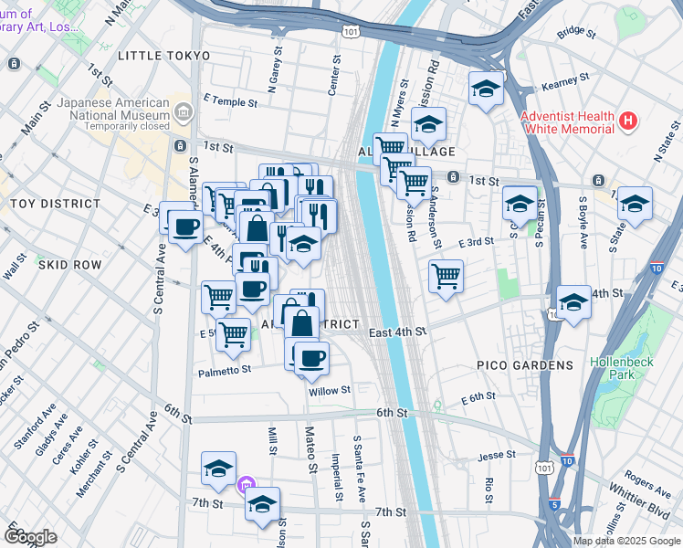 map of restaurants, bars, coffee shops, grocery stores, and more near 320 South Santa Fe Avenue in Los Angeles
