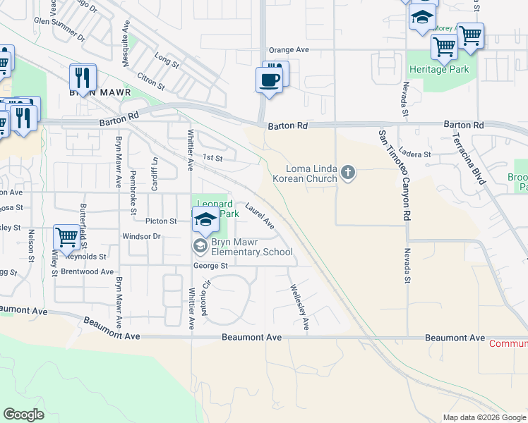 map of restaurants, bars, coffee shops, grocery stores, and more near 11499 Laurel Avenue in Loma Linda