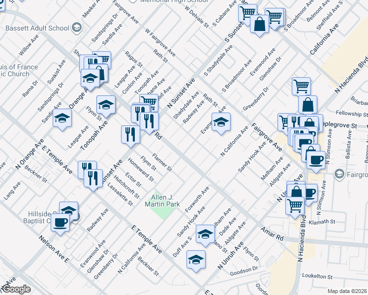 map of restaurants, bars, coffee shops, grocery stores, and more near 915 Evanwood Avenue in La Puente
