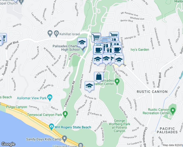 map of restaurants, bars, coffee shops, grocery stores, and more near 747 Vía De La Paz in Los Angeles