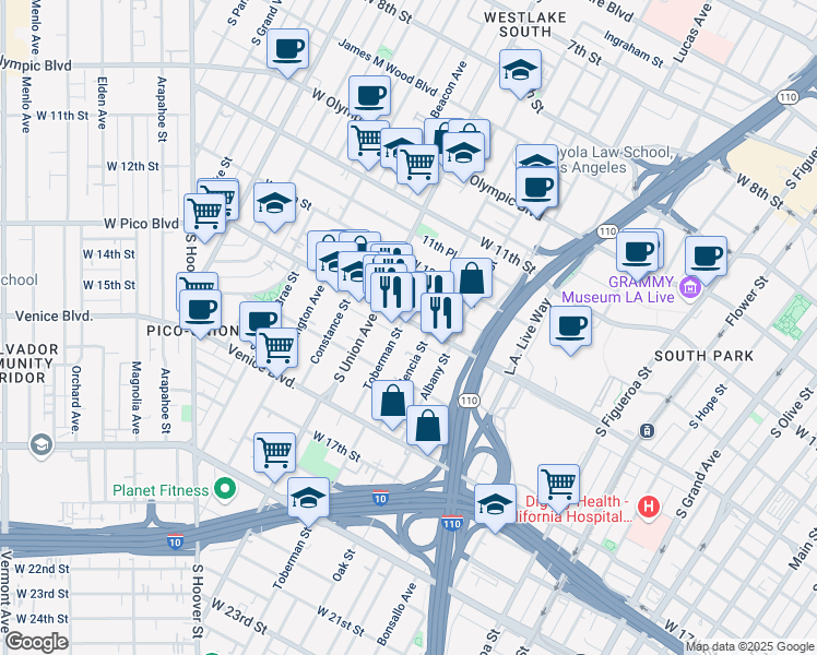 map of restaurants, bars, coffee shops, grocery stores, and more near 1530 West Pico Boulevard in Los Angeles