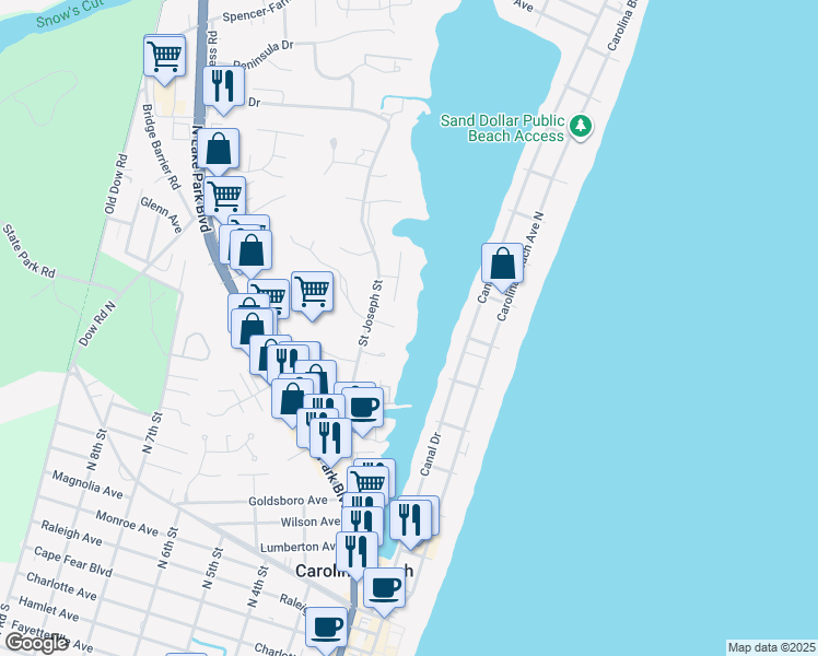 map of restaurants, bars, coffee shops, grocery stores, and more near 1038 Waterview Court in Carolina Beach