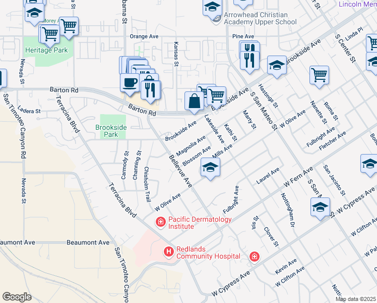 map of restaurants, bars, coffee shops, grocery stores, and more near 1426 Magnolia Avenue in Redlands