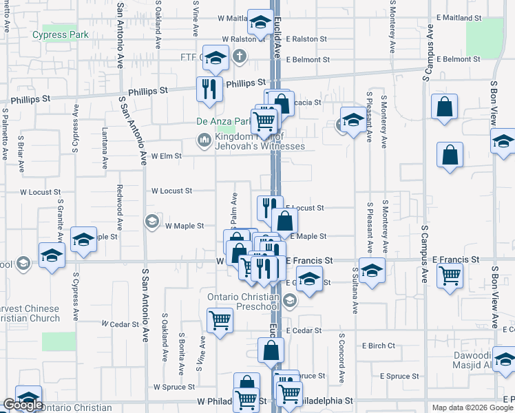 map of restaurants, bars, coffee shops, grocery stores, and more near 1620 South Laurel Avenue in Ontario
