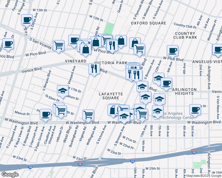map of restaurants, bars, coffee shops, grocery stores, and more near 1663 Wellington Road in Los Angeles