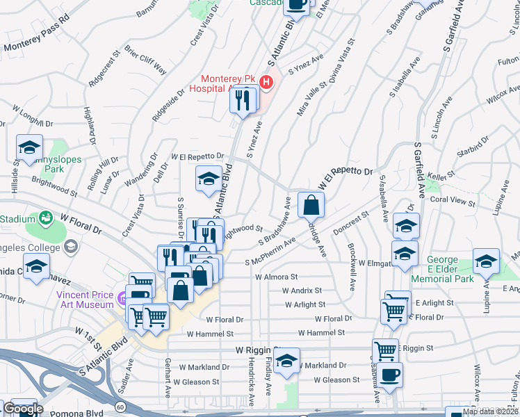 map of restaurants, bars, coffee shops, grocery stores, and more near 671 Pluma Way in Monterey Park