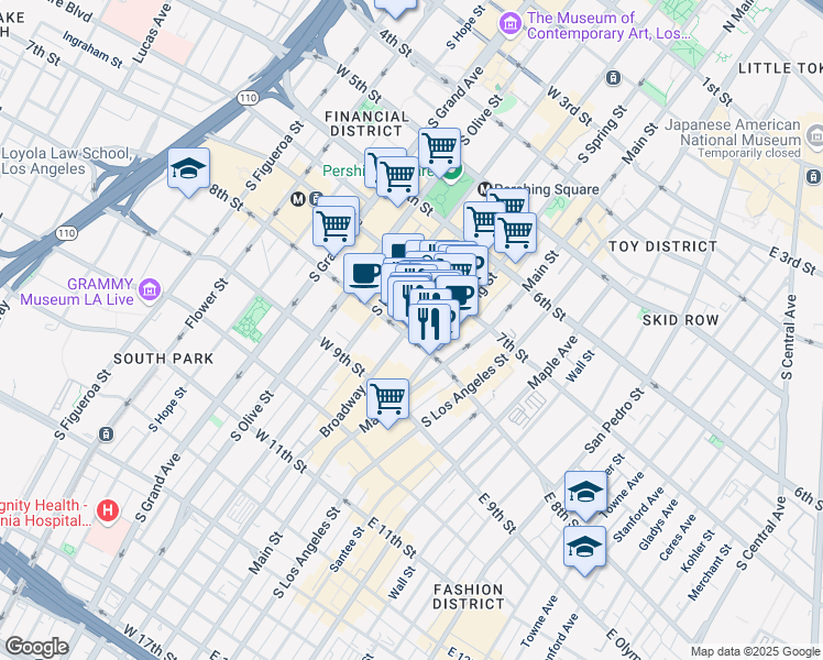 map of restaurants, bars, coffee shops, grocery stores, and more near 756 South Broadway in Los Angeles