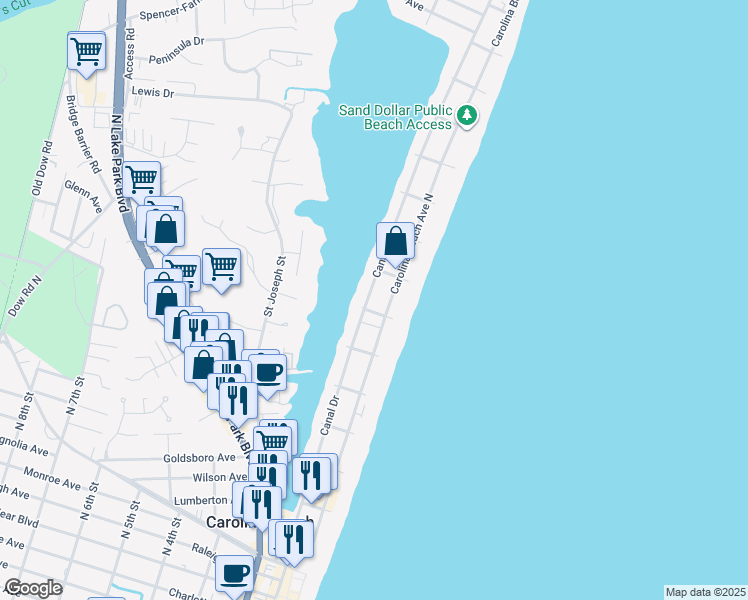 map of restaurants, bars, coffee shops, grocery stores, and more near 804 Canal Drive in Carolina Beach