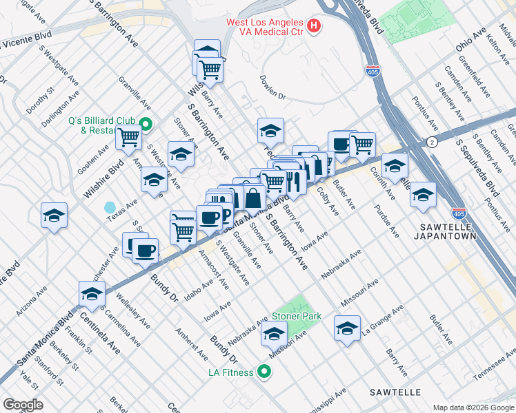 map of restaurants, bars, coffee shops, grocery stores, and more near 1511 South Barrington Avenue in Los Angeles