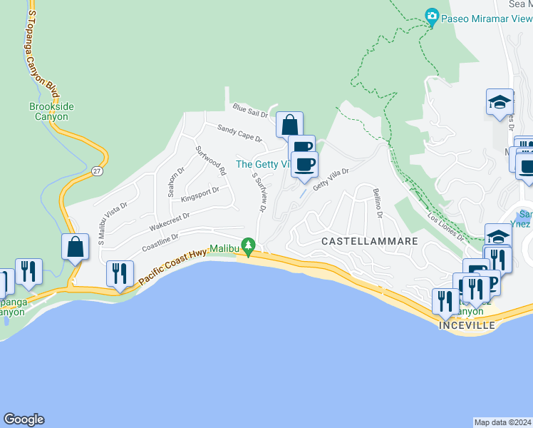 map of restaurants, bars, coffee shops, grocery stores, and more near 200 South Surfview Drive in Los Angeles