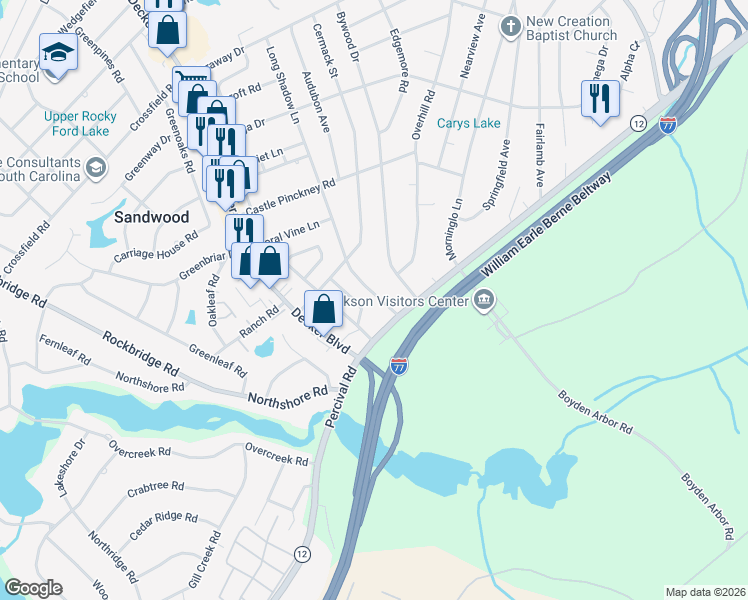 map of restaurants, bars, coffee shops, grocery stores, and more near 1612 Long Shadow Lane in Columbia