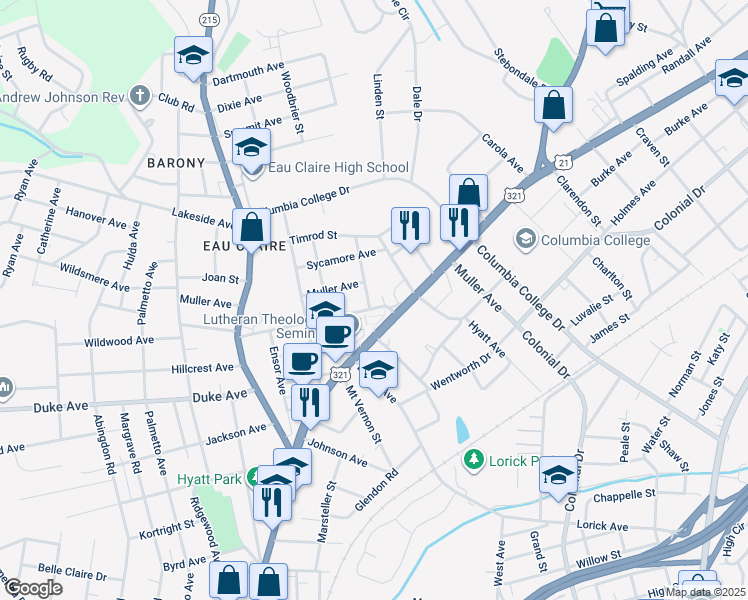 map of restaurants, bars, coffee shops, grocery stores, and more near 1103 Wildwood Avenue in Columbia