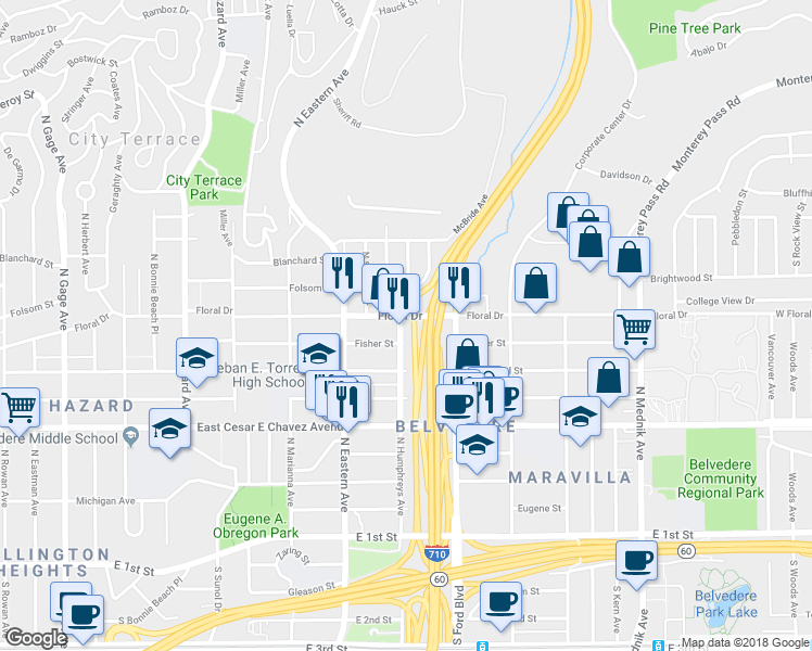 map of restaurants, bars, coffee shops, grocery stores, and more near 622 North Humphreys Avenue in East Los Angeles