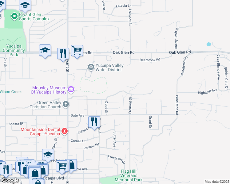 map of restaurants, bars, coffee shops, grocery stores, and more near 35610 Panorama Drive in Yucaipa