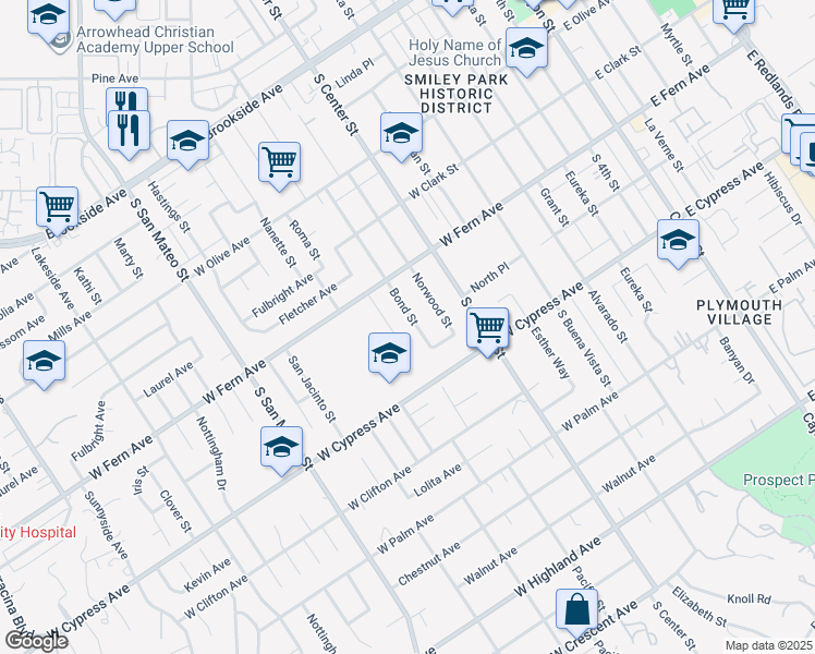 map of restaurants, bars, coffee shops, grocery stores, and more near 434 Bond Street in Redlands