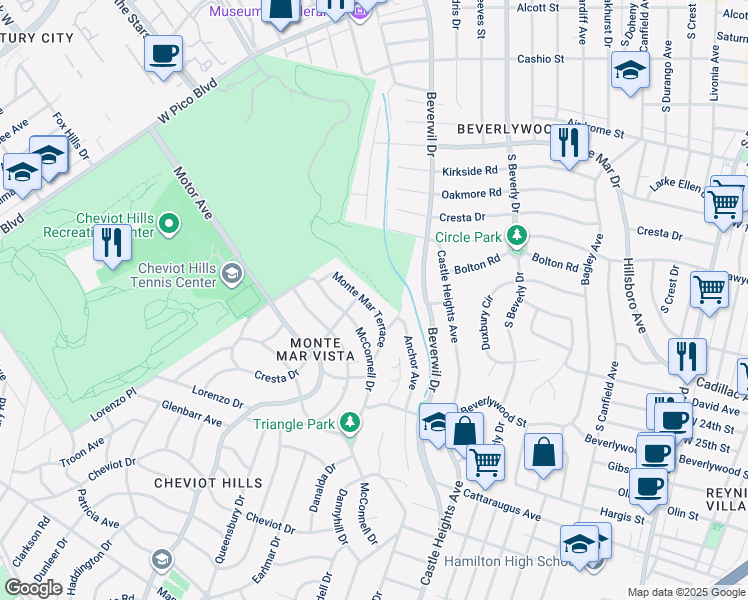 map of restaurants, bars, coffee shops, grocery stores, and more near 2760 Monte Mar Terrace in Los Angeles