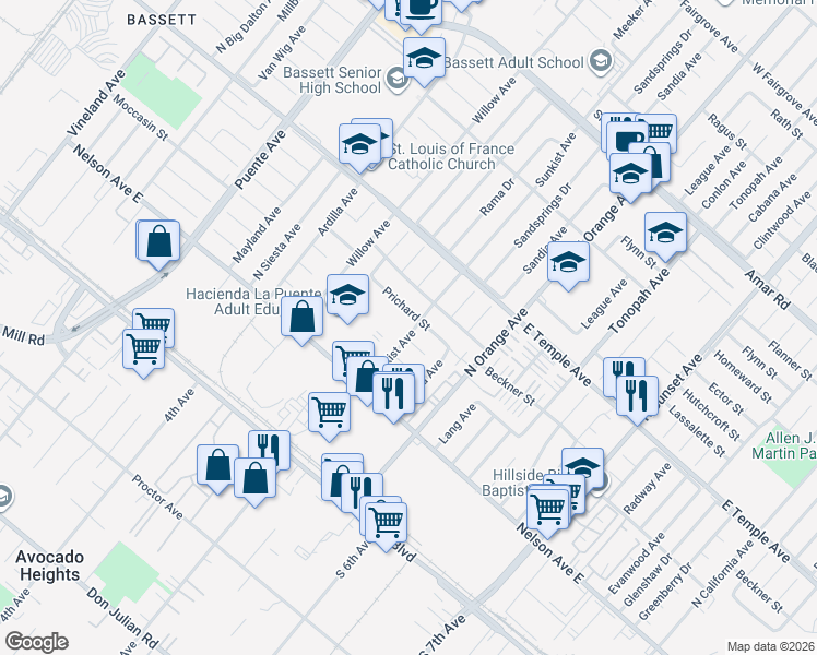 map of restaurants, bars, coffee shops, grocery stores, and more near 433 Sunkist Avenue in La Puente