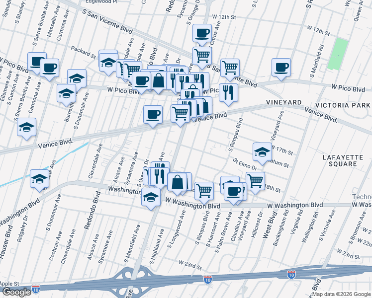 map of restaurants, bars, coffee shops, grocery stores, and more near 4906 Saint Elmo Drive in Los Angeles