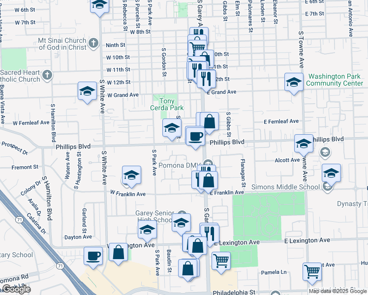map of restaurants, bars, coffee shops, grocery stores, and more near 294 West Phillips Boulevard in Pomona