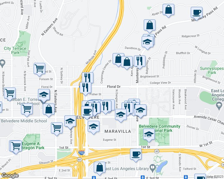 map of restaurants, bars, coffee shops, grocery stores, and more near 4642 Floral Drive in East Los Angeles