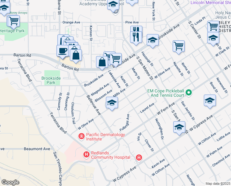 map of restaurants, bars, coffee shops, grocery stores, and more near 1310 Mills Avenue in Redlands