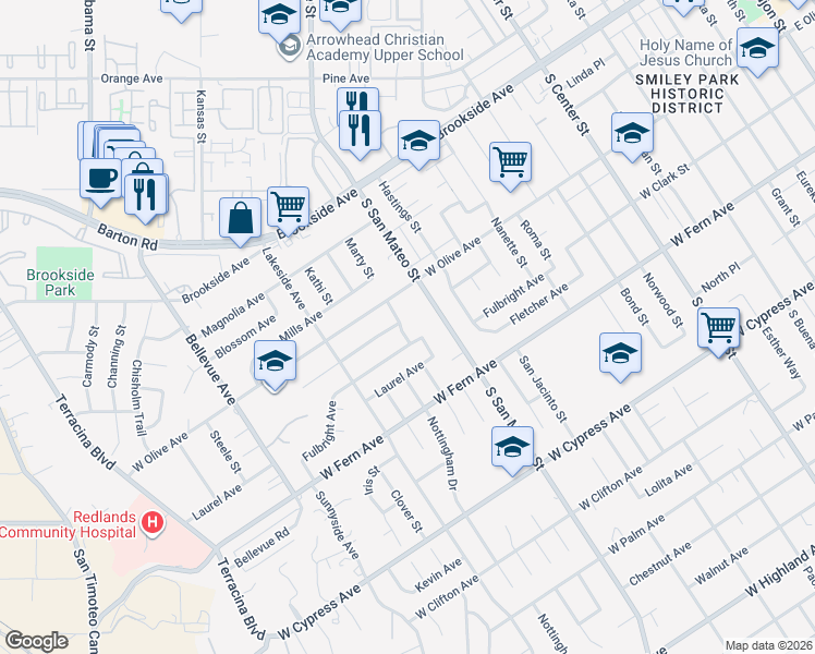 map of restaurants, bars, coffee shops, grocery stores, and more near 215 San Rafael Street in Redlands