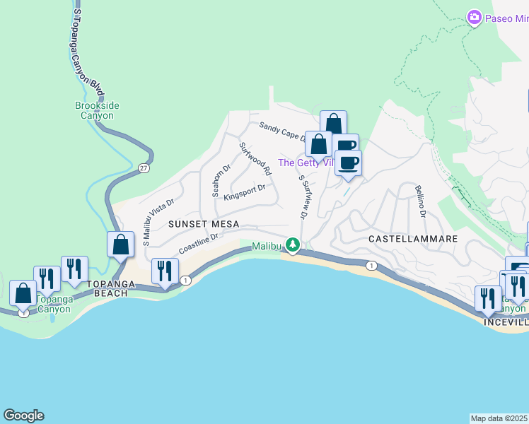 map of restaurants, bars, coffee shops, grocery stores, and more near 18120 Wakecrest Drive in Malibu