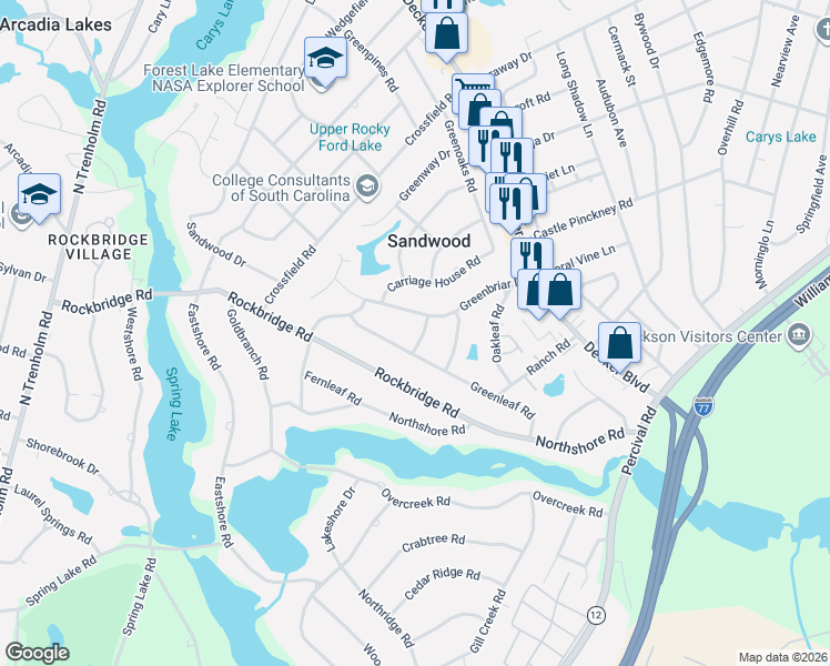 map of restaurants, bars, coffee shops, grocery stores, and more near 3709 Sandhill Road in Columbia
