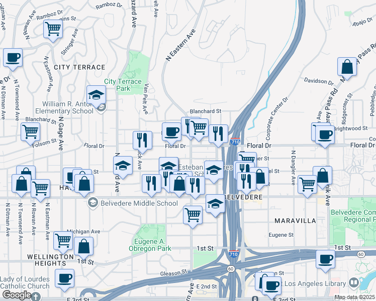map of restaurants, bars, coffee shops, grocery stores, and more near 4254 Floral Drive in Los Angeles