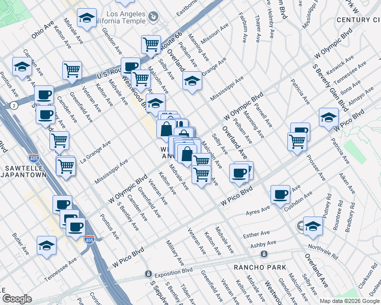map of restaurants, bars, coffee shops, grocery stores, and more near 2213 Glendon Avenue in Los Angeles