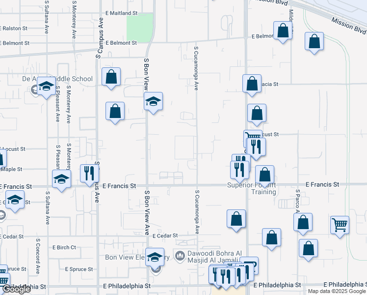 map of restaurants, bars, coffee shops, grocery stores, and more near 1610 South Cucamonga Avenue in Ontario