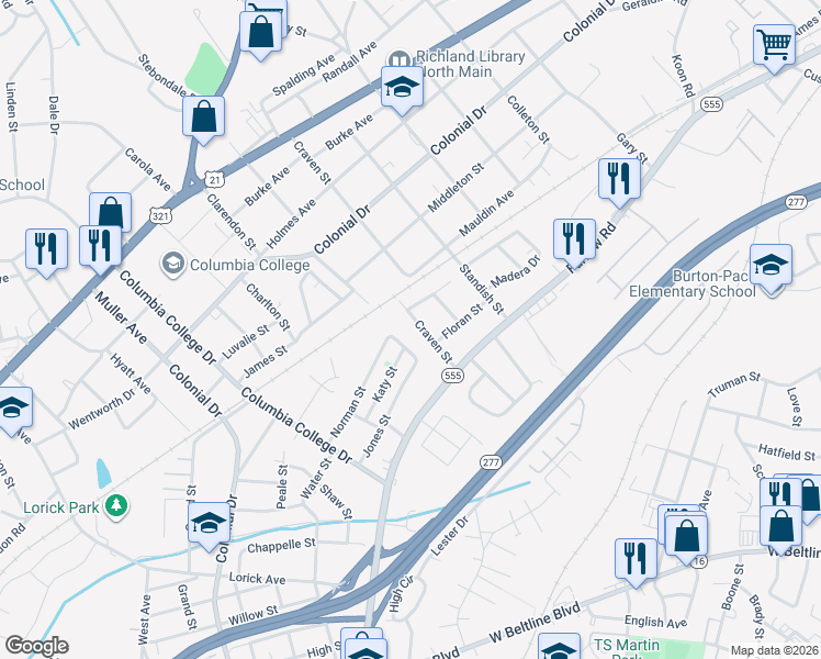 map of restaurants, bars, coffee shops, grocery stores, and more near 1719 Craven Street in Columbia
