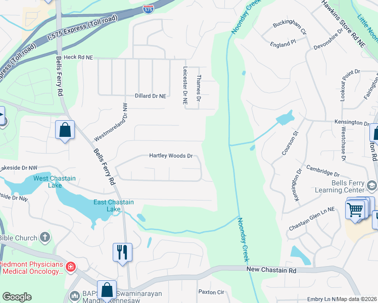 map of restaurants, bars, coffee shops, grocery stores, and more near 74 Hartley Woods Drive in Kennesaw