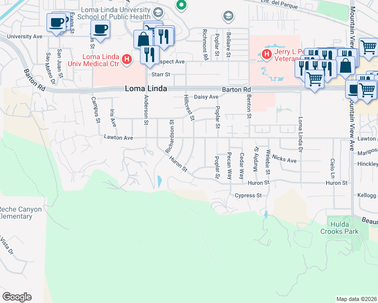 map of restaurants, bars, coffee shops, grocery stores, and more near 11535 Acacia Street in Loma Linda
