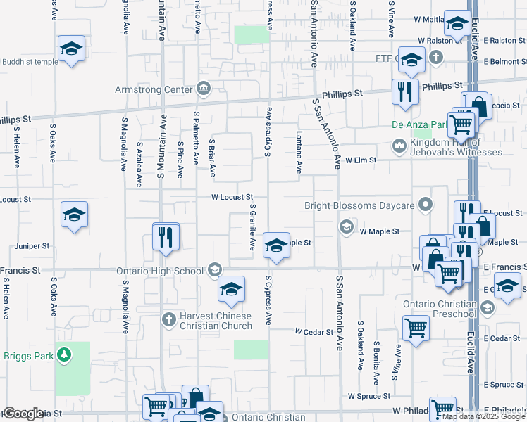 map of restaurants, bars, coffee shops, grocery stores, and more near 1627 South Cypress Avenue in Ontario