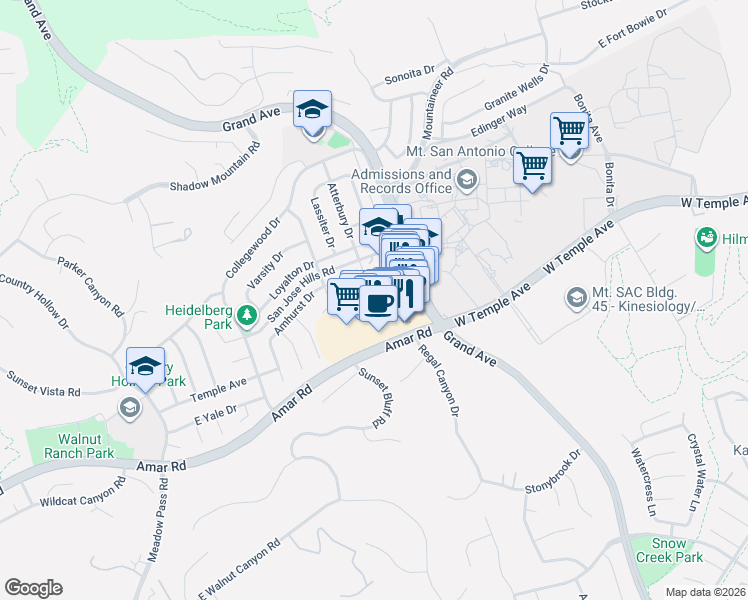 map of restaurants, bars, coffee shops, grocery stores, and more near 1358 Point Loma Place in Walnut
