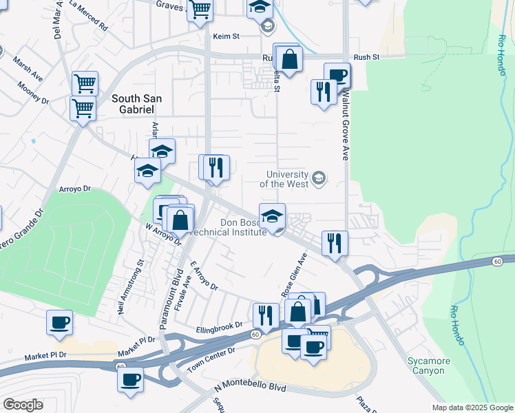 map of restaurants, bars, coffee shops, grocery stores, and more near 1234 San Gabriel Boulevard in Rosemead
