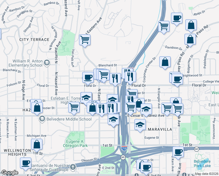 map of restaurants, bars, coffee shops, grocery stores, and more near 622 North Humphreys Avenue in East Los Angeles