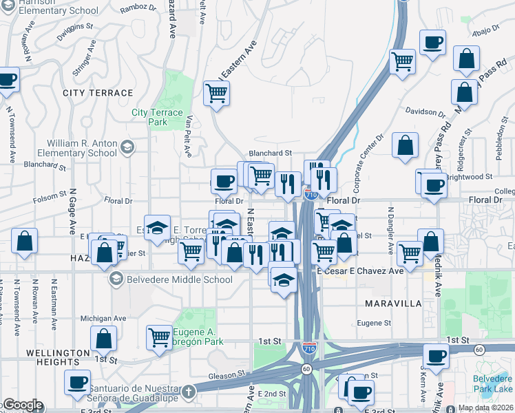 map of restaurants, bars, coffee shops, grocery stores, and more near 4312 Floral Drive in East Los Angeles